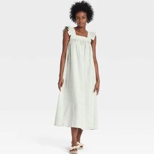 A New Day green and white striped linen flutter sleeveless maxi dress